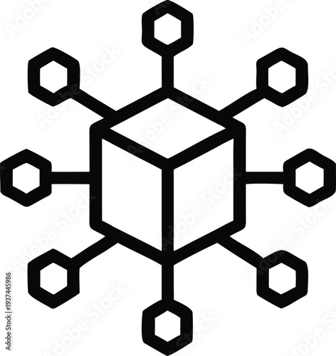 Blockchain technology network icon with hexagonal nodes for decentralized data architecture