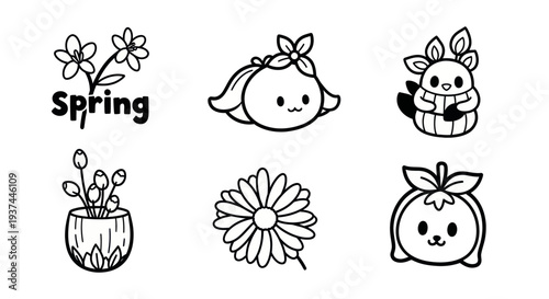 Cute black and white spring doodles featuring flowers, plants, and adorable floral characters for seasonal and nature-themed designs