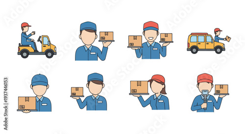 Delivery workers holding packages and driving vehicles flat icon set, courier and logistics service concept for app and web, efficient parcel shipment