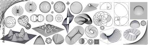 Geometric wireframe shapes. Abstract 3D grid line shapes and black linear outline elements. Modern Y2K aesthetic illustrations, Math shape and golden ratio spiral with editable stroke paths