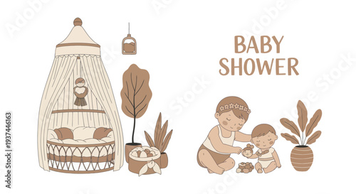 Cute neutral toned baby shower illustration with babies, toys, cozy crib with canopy, and decorative plants for invitations and announcements