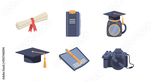 Education and learning icons set including diploma, notebook, graduation cap, pen and paper, and camera for academic and creative projects