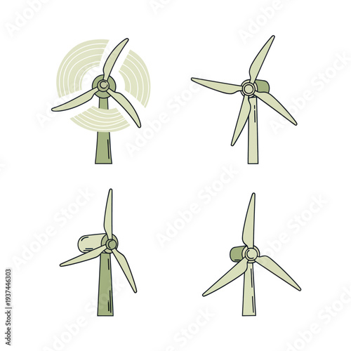 Illustration of four green wind turbines with rotating blades icon set, renewable energy concept for eco-friendly power designs