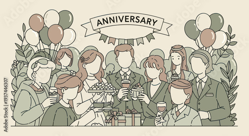 Minimalist illustration of a group anniversary celebration with people holding drinks, cake, balloons, and gifts, perfect for event or party themes