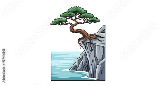 Tree growing on rocky cliffside shore.