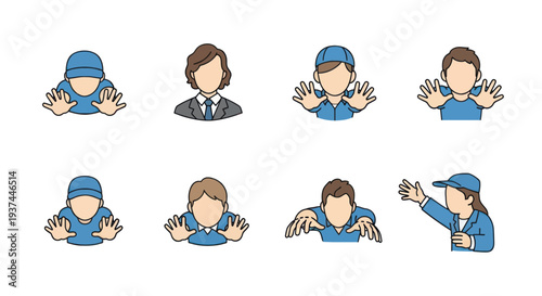 Set of faceless cartoon people showing open hand gestures in various poses and attire, perfect for communication, teamwork, and interaction concepts