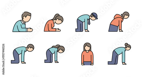 Set of flat office people icons showing crawling, lying, and sitting postures for workplace activities or physical exercises illustration