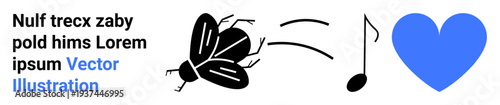 Nature, sound, emotion, communication, symbolic visuals, creative design. A black fly with sound lines, a musical note and a blue heart. Nature and sound concept for communication and emotion