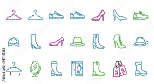 Colorful icons of various footwear and accessories.