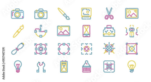 Colorful icons of creative design tools.
