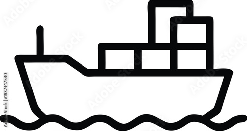 Clean outline icon of a commercial cargo ship carrying containers over ocean waves for global delivery