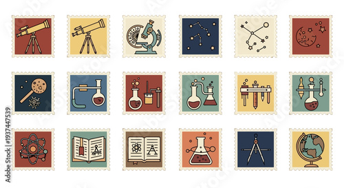 Colorful science icons on squares.