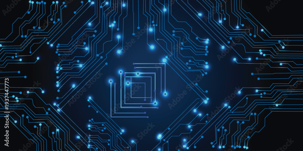 Obraz premium Futuristic Blue Circuit Board Background – Glowing Tech Lines & Nodes on Dark Abstract Digital Technology Wallpaper for AI, Cybersecurity, Innovation