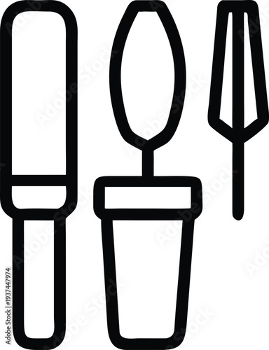 Collection of outline vector icons depicting essential gardening hand tools for planting