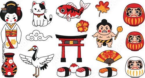 Japanese Culture Cartoon Icon Set with Geisha, Maneki Neko, Sushi, Torii Gate, Daruma and Traditional Japan Symbols