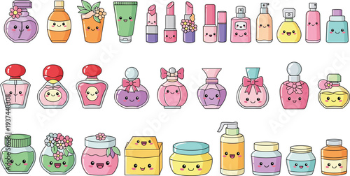 Cute Cosmetic Bottle Cartoon Collection with Perfume, Lipstick, Cream and Beauty Product Kawaii Vector Illustration Set
