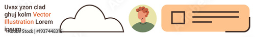 Web design, profile setup, cloud storage, UI development, user interface, digital identity. Minimalist design with a cloud icon, profile avatar and text placeholder. Web design and profile setup