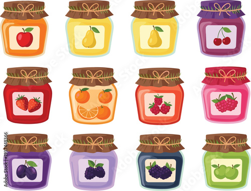 Fruit Jam Jar Collection with Apple, Pear, Strawberry, Orange, Raspberry and Plum Preserves Cute Food Vector Illustration Set