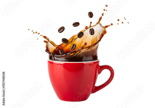 Coffee Cup with Coffee Beans Splash in Red Mug