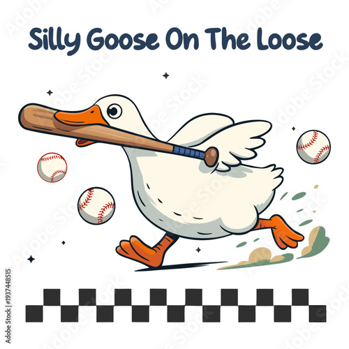A cartoon illustration of a white goose running while carrying a baseball bat in its beak
