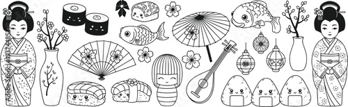Japanese Culture Doodle Illustration Set with Geisha, Sushi, Koi Fish, Umbrella and Traditional Elements Vector Collection