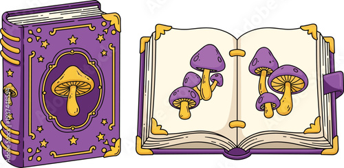 Magic Spell Book with Mushrooms Fantasy Illustration Open and Closed Enchanted Grimoire Vector Artwork for Fairy Tale Design