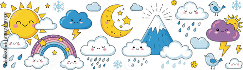 Cute Weather Cartoon Icon Set with Sun, Clouds, Rain, Rainbow, Moon, Lightning and Mountain Kawaii Vector Illustration Collection