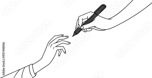 A hand drawing a line on another hand with a pen