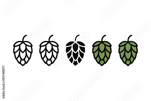 A row of five hop cones are depicted in various styles, including outlines, solid black, and solid green.
