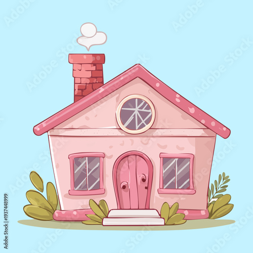 Illustration of a cute pink cottage house with a chimney and small garden plants for real estate icons or cozy home branding