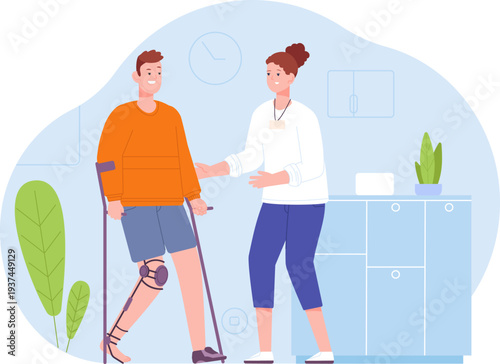 Nurse help patient with orthopedic injury. Medical assistance