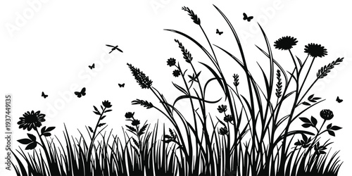 Black silhouette of wildflowers and butterflies in a field of tall grass