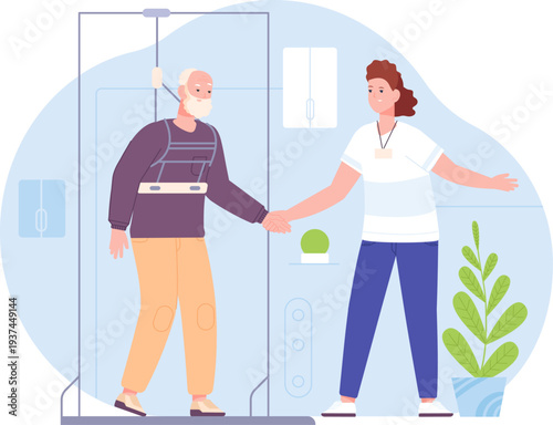 Senior physiotherapy in medical clinic. Doctor training old man