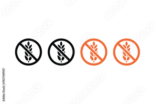 No Gluten Symbol Icons Set, Prohibition Signs with Wheat or Grain Inside a Circle