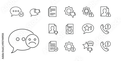 Customer Complaint and Negative Feedback Icon Set with Bad Review, Support Issues and Service Problem Symbols Vector Collection