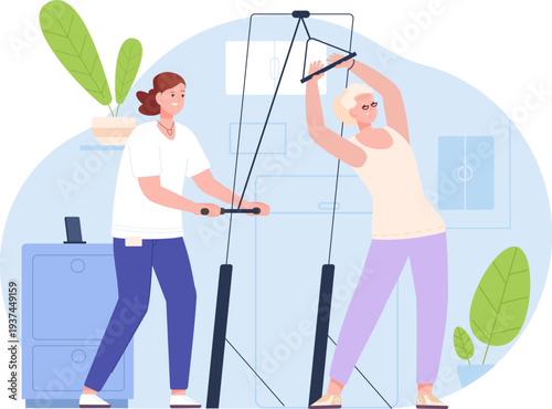 Health recovery with physiotherapy equipment. Doctor help elderly woman