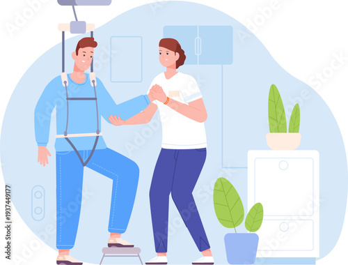 Injury recovery with professional physiotherapist training equipment scene