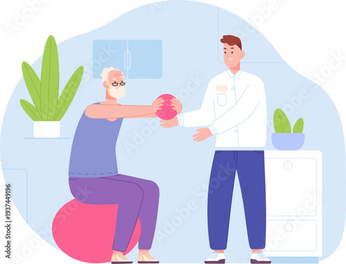 Rehabilitation training for senior. Physical therapist show exercise