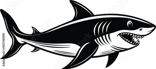 A black and white illustration of a shark with an open mouth
