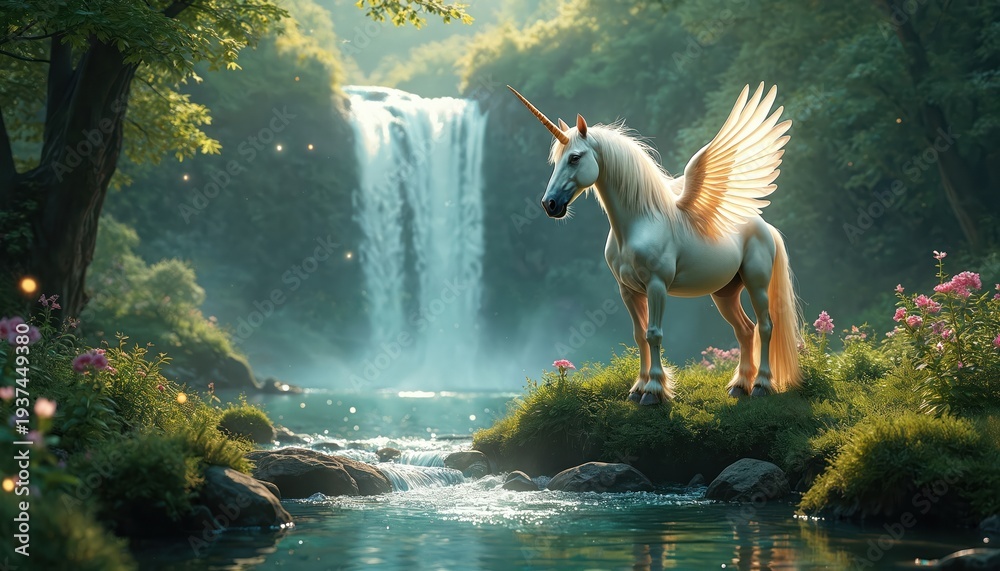 Obraz premium Mythical winged unicorn stands near waterfall in magical forest. Glowing sparks float around mythical creature. Green plants and pink flowers grow near water stream.