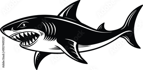 A black and white illustration of a great white shark with its mouth open