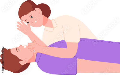 Check breathing procedure. Medical emergency aid. Life rescue