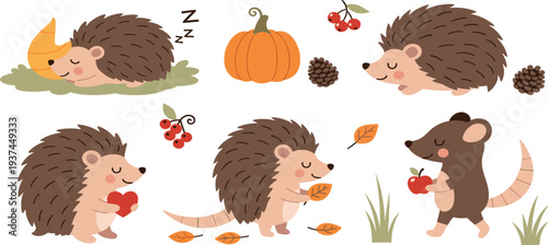 Cute Hedgehog Autumn Collection with Pumpkin Leaves Pinecones and Forest Elements Adorable Woodland Animal Cartoon Vector Illustration Set