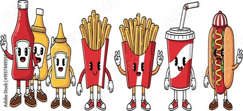 Adorable and Fun Vector Icons of Fast Food Ketchup, Mustard, Fries, Soda, Hot Dog, and More with Cute Faces