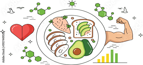 Balanced nutrition infographic featuring a healthy meal plate with avocado, protein, and toast surrounded by heart, muscle arm, and metabolic science icons.
