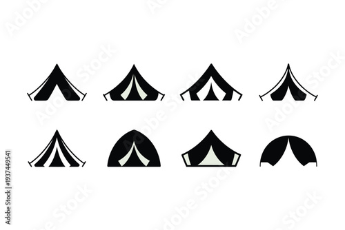 Black and White Tent Icons Set for Camping and Outdoor Activities