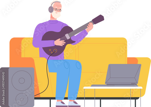 Old man play guitar. Retired person hobby