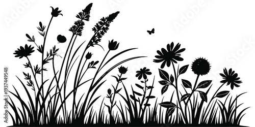 Black silhouette of wildflowers and grass with a butterfly