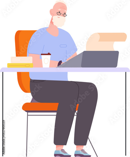 Retired man write book. Elderly person lifestyle