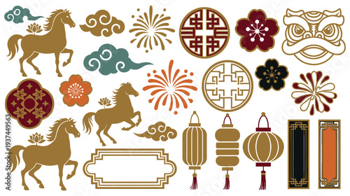 Chinese new year celebration elements with horse and lanterns